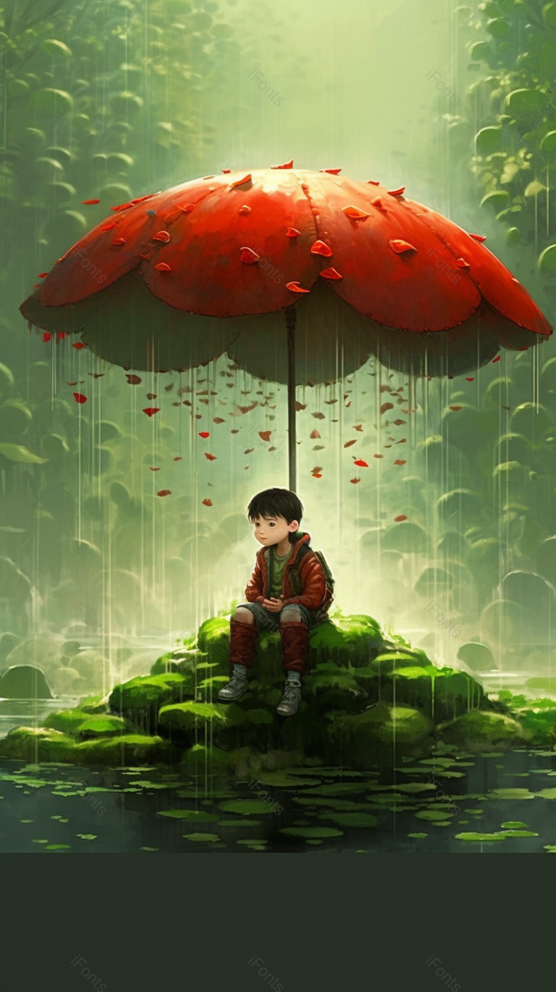 男孩撑着红色的雨坐在石头上观望着风景创意儿童插画设计背景,插画/手绘图,插画/手绘图库,插画/手绘图下载,插画/手绘